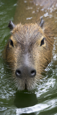 Capybara, a large rodent, partially submerged in water, looking directly at the camera with its face and ears visible, portraying its natural habitat and docile natureの素材