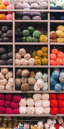 Colorful yarn balls neatly organized on shelves in a craft store display, offering a wide selection of wool for knitting, crocheting, and various textile handcraft projectsの素材