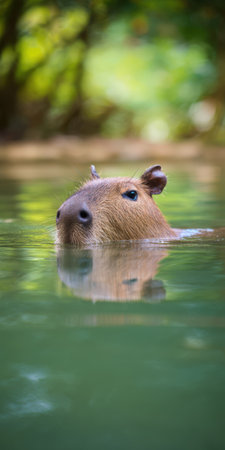 Capybara gracefully swims with its head above the calm water, displaying its distinctive features and a clear reflection against the blurred green backgroundの素材