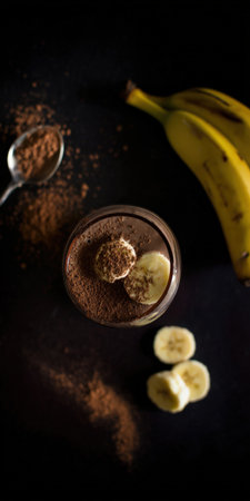 Dark chocolate banana mousse in a glass, dusted with cocoa powder and topped with banana slices, styled on black background with whole bananas and cocoa spoon nearbyの素材