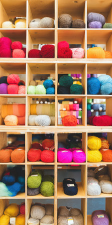 Wooden shelves neatly organizing a vibrant collection of various colored yarn skeins, ready for knitting, crocheting, and other textile crafting projects in a storeの素材