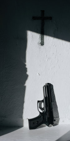 Black gun standing upright on a white surface, contrasting with a dark cross painted on a textured white wall, illuminated by strong, angular light creating deep shadowsの素材
