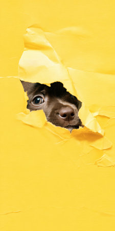 Cute brown puppy peeking through a torn hole in vibrant yellow paper, wide-eyed and curious as it breaks through to reveal playful discovery and cheerful surpriseの素材