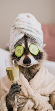 Raccoon wearing a soft bathrobe and towel turban, applying cucumber slices to its eyes while holding a glass of white wine, symbolizing pampering and self-careの素材