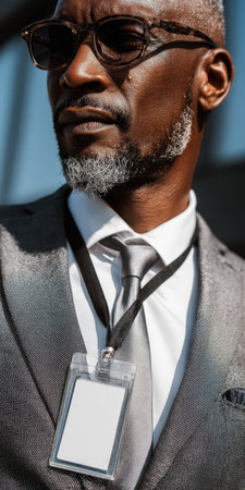 Mature black businessman wearing a gray suit, white shirt, and gray tie, featuring an empty id card on a lanyard, representing professionalism and identityの素材