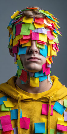 Man standing with face completely covered in various colored blank sticky notes, representing information overload, stress, burden of tasks, and the pressure of modern workの素材