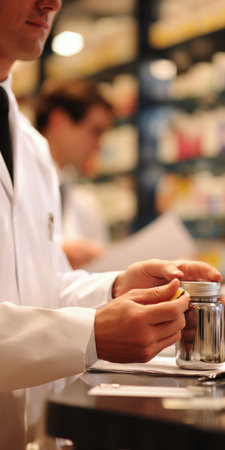 Pharmacist's hands carefully handling a medicine bottle with a yellow cap on a counter, preparing prescription medication in a healthcare and pharmaceutical environmentの素材