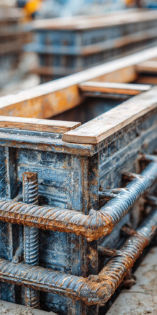 Construction site showing formwork and rusty steel rebar preparing for a concrete foundation pour, highlighting the building process and structural reinforcementの素材