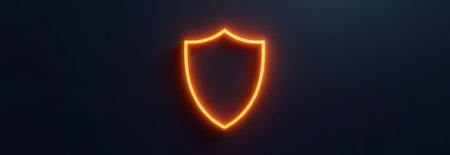 Bright orange neon shield glowing on a dark background symbolizes online security, data protection, and cybersecurity in the digital age, providing a sense of safety and trustの素材