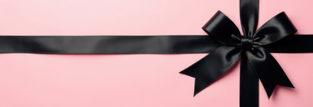 Black ribbon and bow are arranged on a pink background, creating a simple yet elegant banner design perfect for various occasions and promotional materialsの素材