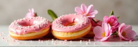 Three appetizing pink donuts with sprinkles are beautifully arranged with pink flowers, creating a delightful and sweet banner image, perfect for bakery, dessert, or food-related themesの素材