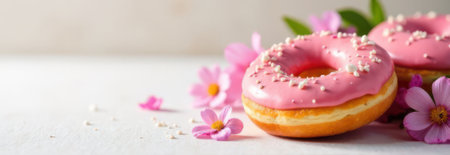 Two delicious pink icing donuts with white sprinkles are lying on a white table near some pink cosmos flowers, creating a sweet and romantic atmosphereの素材