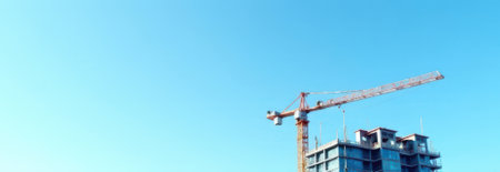 Construction crane building a modern skyscraper under a clear blue sky, representing growth, development, and the progress of urban architectureの素材