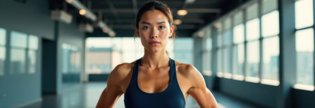 Strong Asian sportswoman posing in a modern gym after an intense workout, showing her athletic physique and determined mindset, ready for new challengesの素材