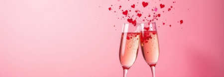 Two champagne flutes stand side by side on a pink background, small red hearts floating above them, creating a romantic and celebratory atmosphere perfect for valentine's day or a special occasionの素材