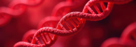 Detailed 3d render of a red dna double helix rotating on a blurred background, perfect for science, biology, and genetic engineering conceptsの素材