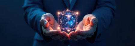 Businessman cupping hands showcasing a luminous cube, symbolizing global network, data connection, and technological innovation in a dark blue environmentの素材