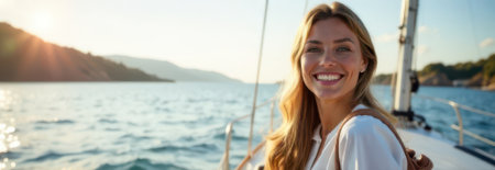 Young woman smiling while enjoying a relaxing sailboat trip on the ocean at sunset, with beautiful mountains in the background, creating a perfect summer vacation atmosphereの素材