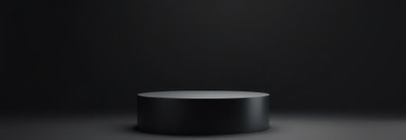Black round podium on a dark background, creating a sleek and modern space for product displays or advertising banners, perfect for showcasing luxury items or creating a dramatic visualの素材