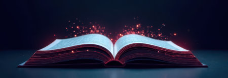 Open magic book is spreading fairy dust and glowing on a dark background, creating a magical and enchanting atmosphere perfect for fantasy and storytelling projectsの素材
