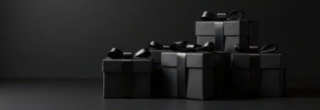 Five elegant black gift boxes tied with black satin ribbons are arranged on a dark surface against a black backdrop, creating a luxurious and mysterious atmosphereの素材