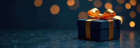 Luxurious dark blue gift box adorned with a golden ribbon sits on a dark surface, illuminated by warm, sparkling lights in the background, creating a festive and elegant atmosphereの素材
