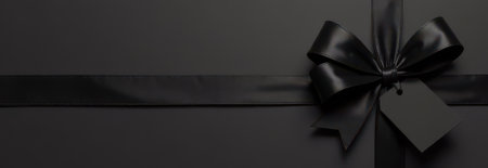 Black Friday banner featuring a luxurious black gift ribbon tied in a bow with a blank price tag, creating a sophisticated and elegant backdrop for promotions and salesの素材