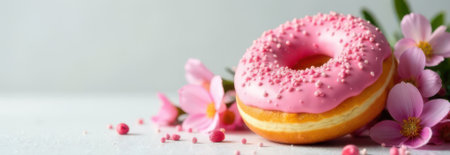 Single pink donut with sprinkles lying on white table near pink flowers creating a sweet and tempting image perfect for food blogs, bakery advertisements, or any project related to confectioneryの素材
