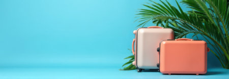 Two pastel-colored suitcases resting beneath palm tree branches against a vibrant blue background, capturing the essence of summer vacations, travel adventures, and tropical getawaysの素材