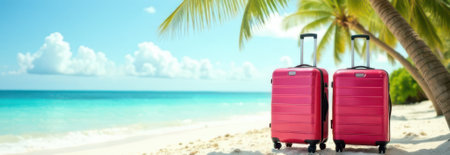 Two pink suitcases stand on a beautiful white sand beach under the shade of palm trees, with turquoise ocean and blue sky in the background, evoking a sense of tropical vacation and relaxationの素材