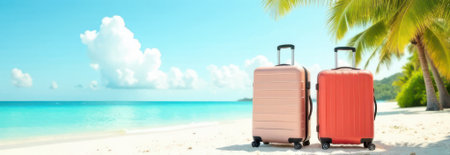 Two vibrant suitcases resting on a stunning white sand beach, nestled beneath a palm tree, evoke feelings of summer vacation and the thrill of travel in a tropical paradiseの素材