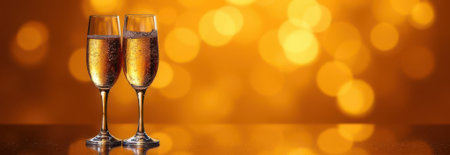Two elegant champagne flutes filled with bubbly golden liquid resting on a reflective surface, surrounded by warm, shimmering bokeh lights, evoke a festive new year's eve atmosphereの素材
