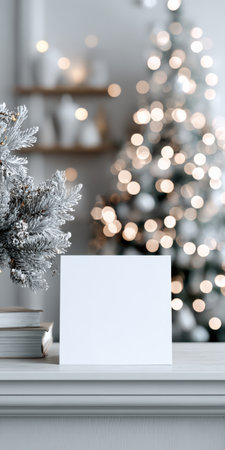 Blank white card displaying space for custom text or design, standing on a white mantelpiece with frosted silver decor and a festive Christmas tree in the blurred backgroundの素材