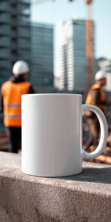 White ceramic coffee mug mockup sitting on a concrete ledge with blurred construction workers and building site cranes working in the background, creating a concept for hardworking professionalsの素材