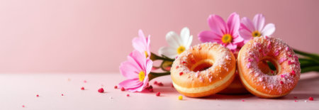 Three appetizing donuts with pink flowers create a delightful banner, perfect for celebrating special occasions or adding a touch of sweetness to any projectの素材