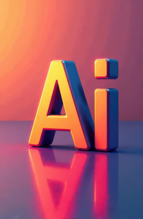 Glossy golden ai symbol is reflecting on a flat surface with orange and purple lighting, creating a modern and futuristic feel related to artificial intelligence and technological advancementsの素材