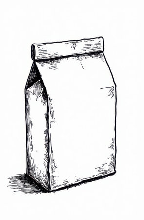 Hand-drawn illustration of a closed paper bag with a folded top, featuring a simple, cartoonish style, ideal for representing packaging, groceries, or takeaway foodの素材