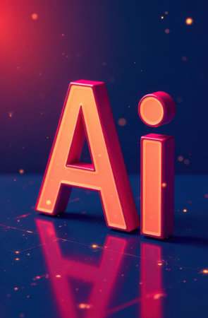 Glowing orange and purple ai acronym is reflecting on a blue surface with orange particles floating around, representing artificial intelligence and machine learningの素材