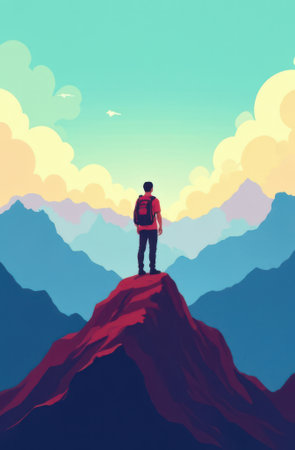 Backpacker standing on top of mountain peak enjoying inspiring view of majestic landscape with bright sky and clouds, celebrating achieving a challenging goal, vertical cartoon illustrationの素材