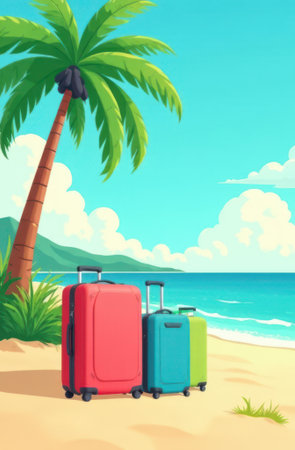 Cartoon illustration of colorful suitcases standing on sandy beach under palm tree near turquoise ocean with green island on horizon representing summer vacation and travel conceptの素材