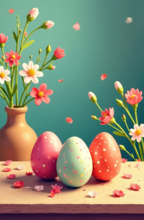 Three vibrantly painted easter eggs sit on a table adorned with scattered flower petals, accompanied by a vase of fresh flowers and falling petals, creating a cheerful and festive easter sceneの素材