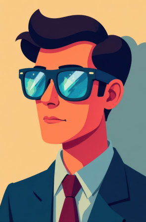 Portrait of a businessman wearing sunglasses reflecting snowy mountains, created in a stylized cartoon aesthetic with bold colors and clean lines, conveying a sense of ambition and adventureの素材