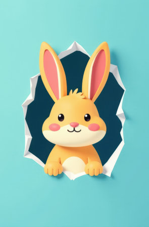 Cheerful cartoon bunny with large pink ears and a bright smile is peeking through a torn hole in turquoise paper, creating a playful and whimsical sceneの素材