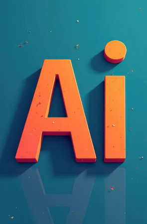 Large, orange, three-dimensional letters spelling ai sit on a reflective blue surface, casting shadows and surrounded by small particles, creating a modern and technological aestheticの素材