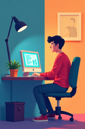 Cartoon illustration of a freelancer working late at night in his home office, using a desktop computer with a desk lamp and a framed photo on the wallの素材