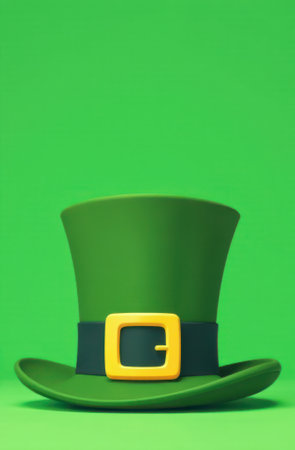 Cartoon leprechaun hat with golden buckle standing on vibrant green background, celebrating saint patrick's day with festive cheer and irish traditionの素材