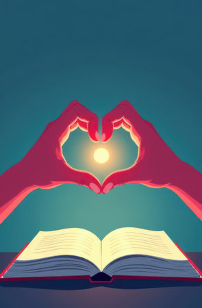 Two hands are forming a heart shape over an open book, with a glowing light emanating from within the heart, symbolizing love for reading and the power of knowledgeの素材