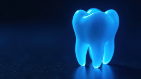 Illuminated blue tooth model standing against a dark backdrop, symbolizing dental health, hygiene, and modern dentistry. The glowing effect highlights oral care and innovationの素材