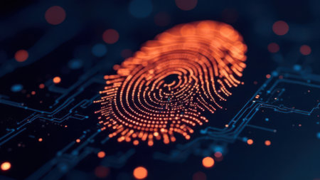 Orange glowing digital fingerprint made of particles is hovering over dark electronic circuit board, representing innovative biometric identification and access control technology in cybersecurityの素材