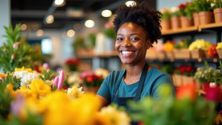 Young florist is smiling while working in her flower shop, surrounded by a variety of colorful flowers, creating beautiful arrangements for her customersの素材
